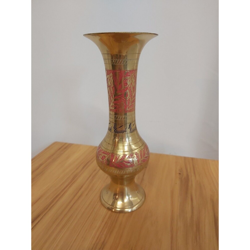Vintage Brass Vase Red And Black Enamel Work